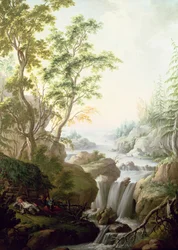 Een rotsachtig boslandschap met een waterval